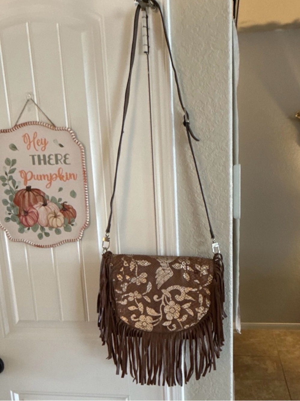 GENUINE LEATHER/Snake Brown Fringe Purse Saddle Bag Hobo Crossbody Floral
